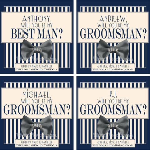 Wedding Groomsmans Labels - Striped Label with a Bow Tie - Formal Beer Labels - Be My Best Man - I Do Artsy Weddings